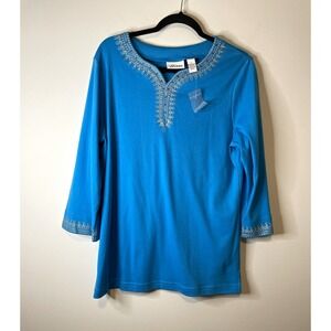 Cali and York Top Womens L Blue Embroidered 3/4 Sleeve Boho Tunic Casual
